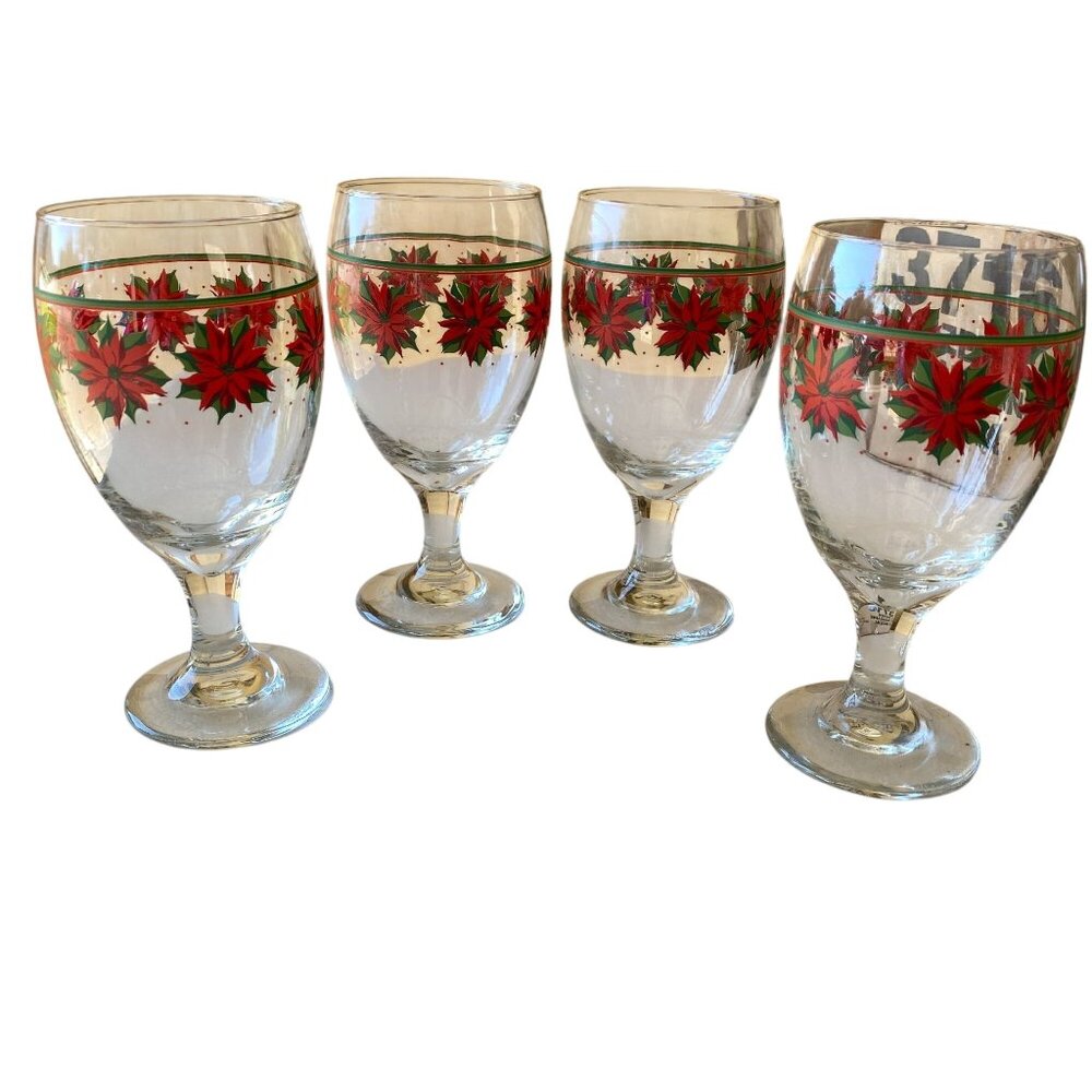 Vintage Libbey Christmas poinsettia glasses goblets wine water flower dinnerware